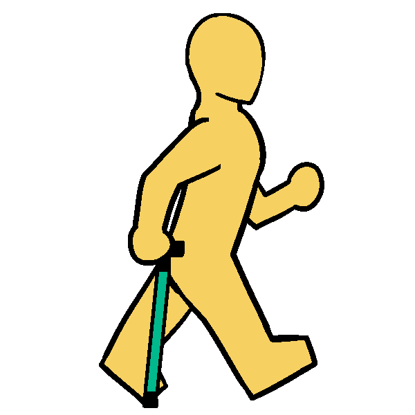 A yellow thin person walking with a teal cane.